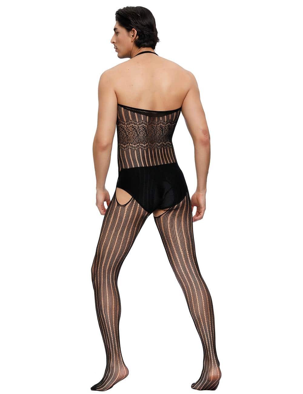 Black Stripe Detail Fishnet Open Back Body Stocking For Men - Image 2