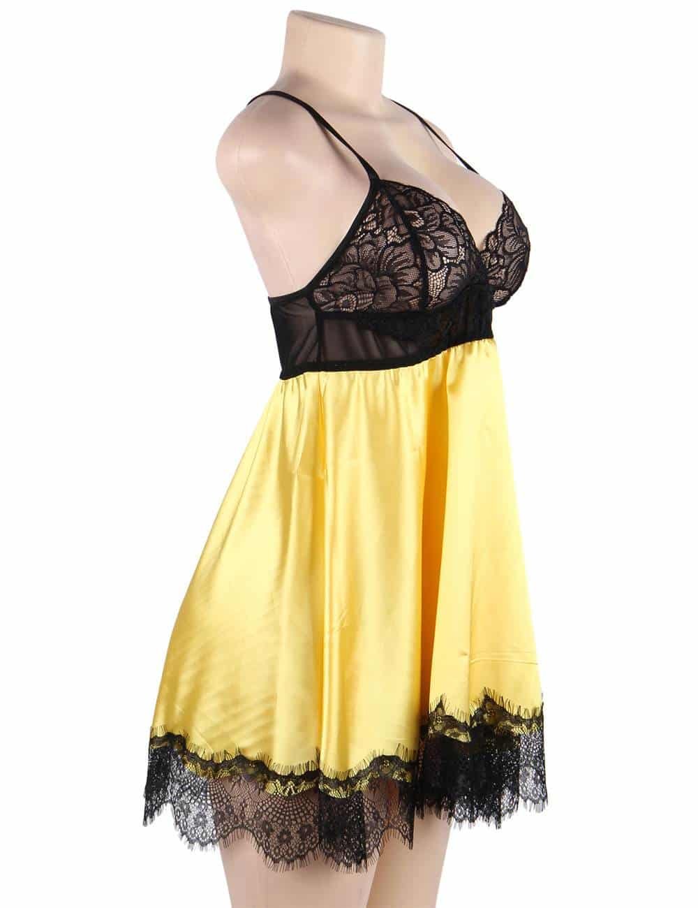 Yellow Sleepwear With Blindfold Silk Eyelash Lace Plus Size Camisole - Image 7