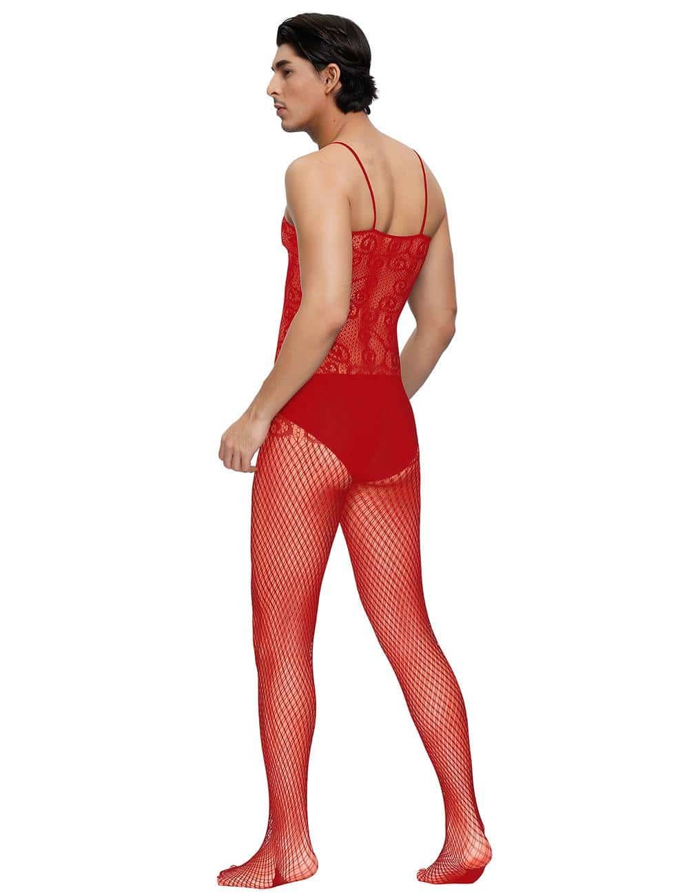 Sexy Red Crocheted Fishnet Bodystockings For Men - Image 2