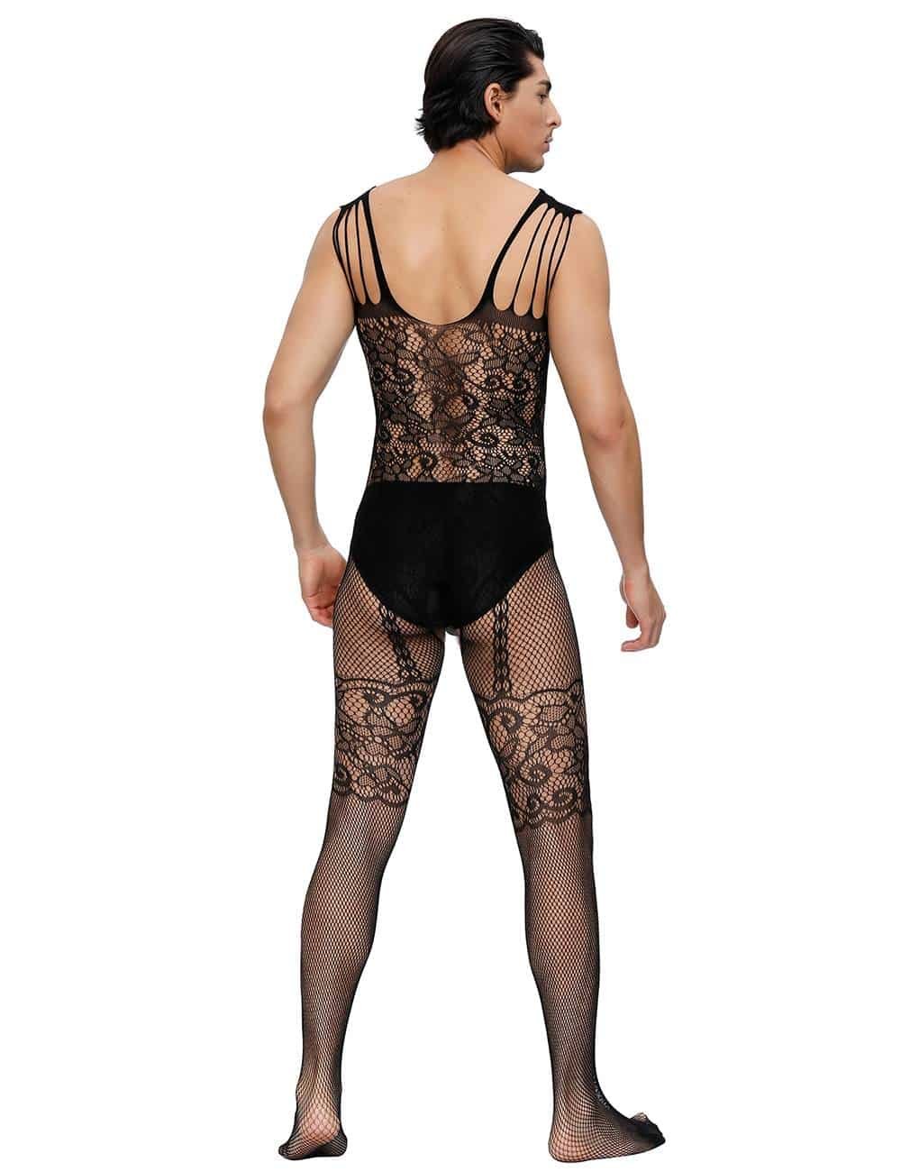 Strappy Shoulders Floral Motif Mesh Black Bodystockings For Men - Image 2