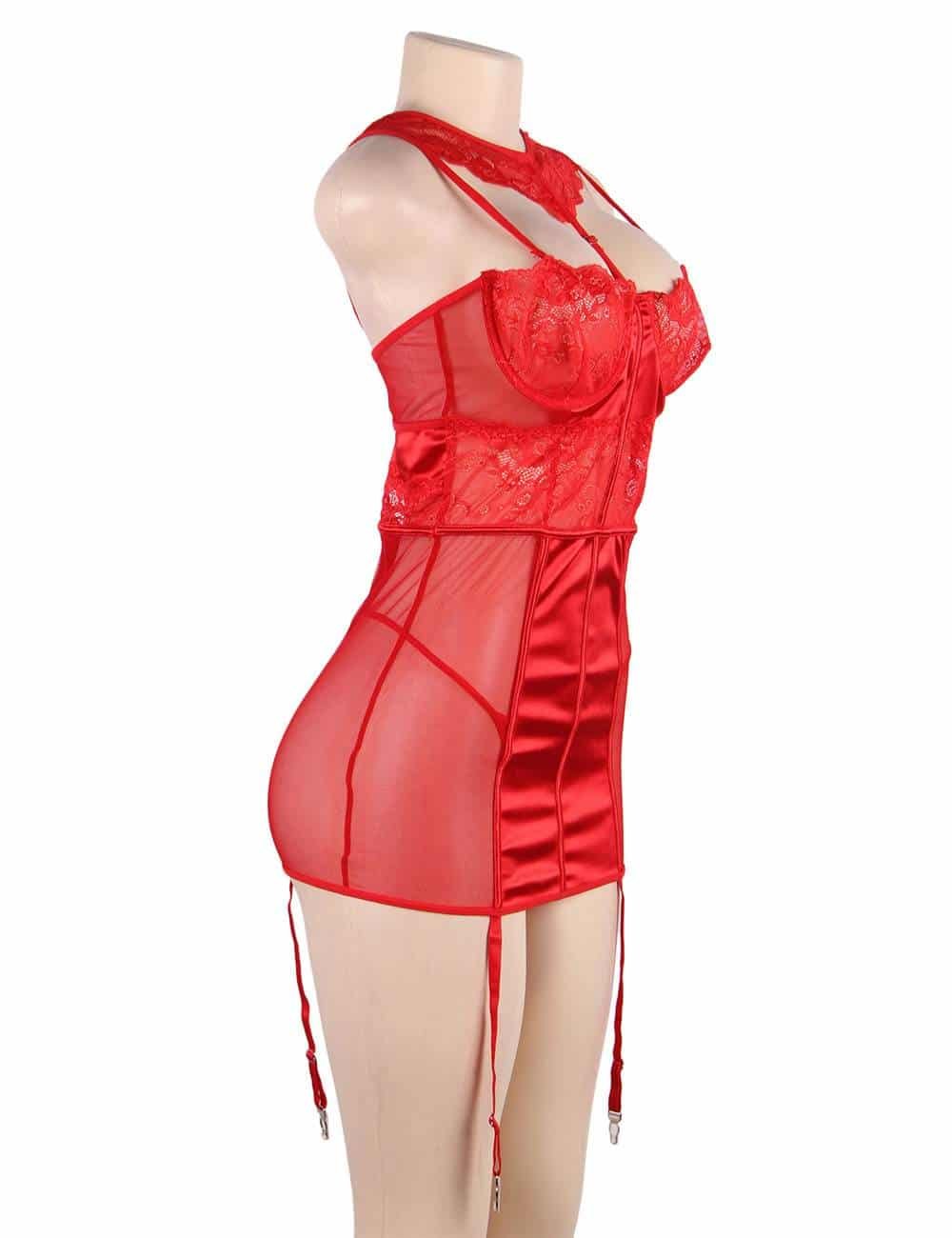 Plus Size Red Deluxe Satin Lace Stitching Babydoll With Steel Ring - Image 8