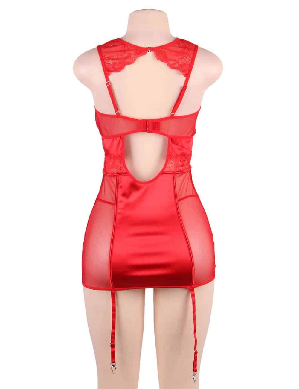 Plus Size Red Deluxe Satin Lace Stitching Babydoll With Steel Ring - Image 9