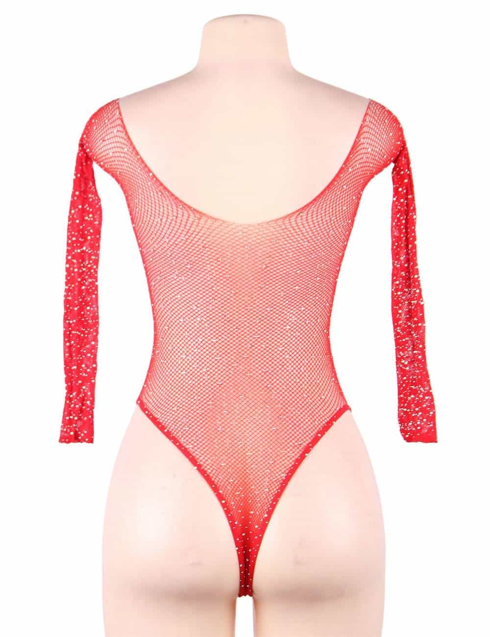 Plus Size Red Long Sleeve Fishnet Off-the-shoulder Sparkle Bodysuit - Image 7