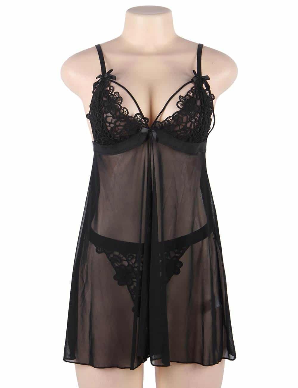 Plus Size Black Lace High-end Delicate Embroidery Babydoll Lingerie Set - Image 6