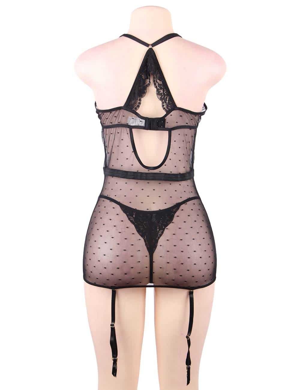 Plus Size Black Delicate lace Stitching Babydoll With Underwire - Image 7