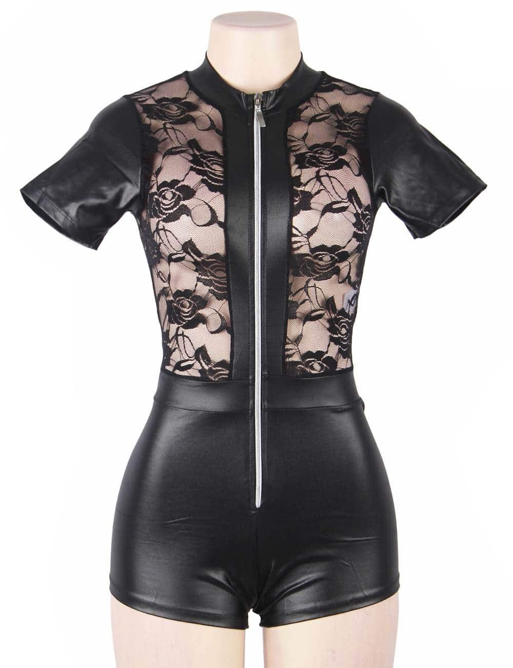 Plus Size Short Sleeve Wet Look And Lace Bodysuit - Image 3