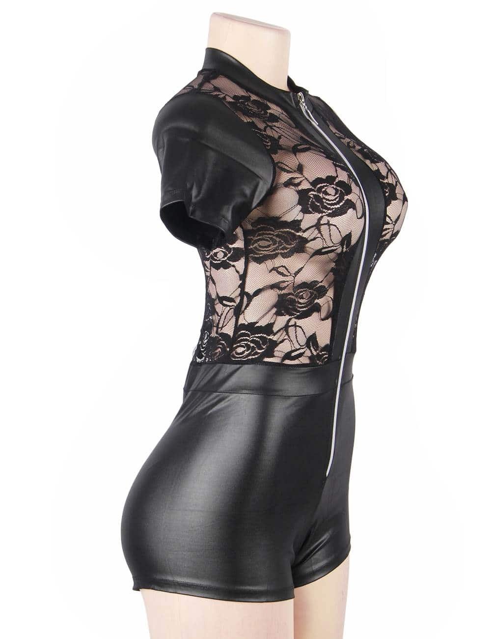 Plus Size Short Sleeve Wet Look And Lace Bodysuit - Image 4
