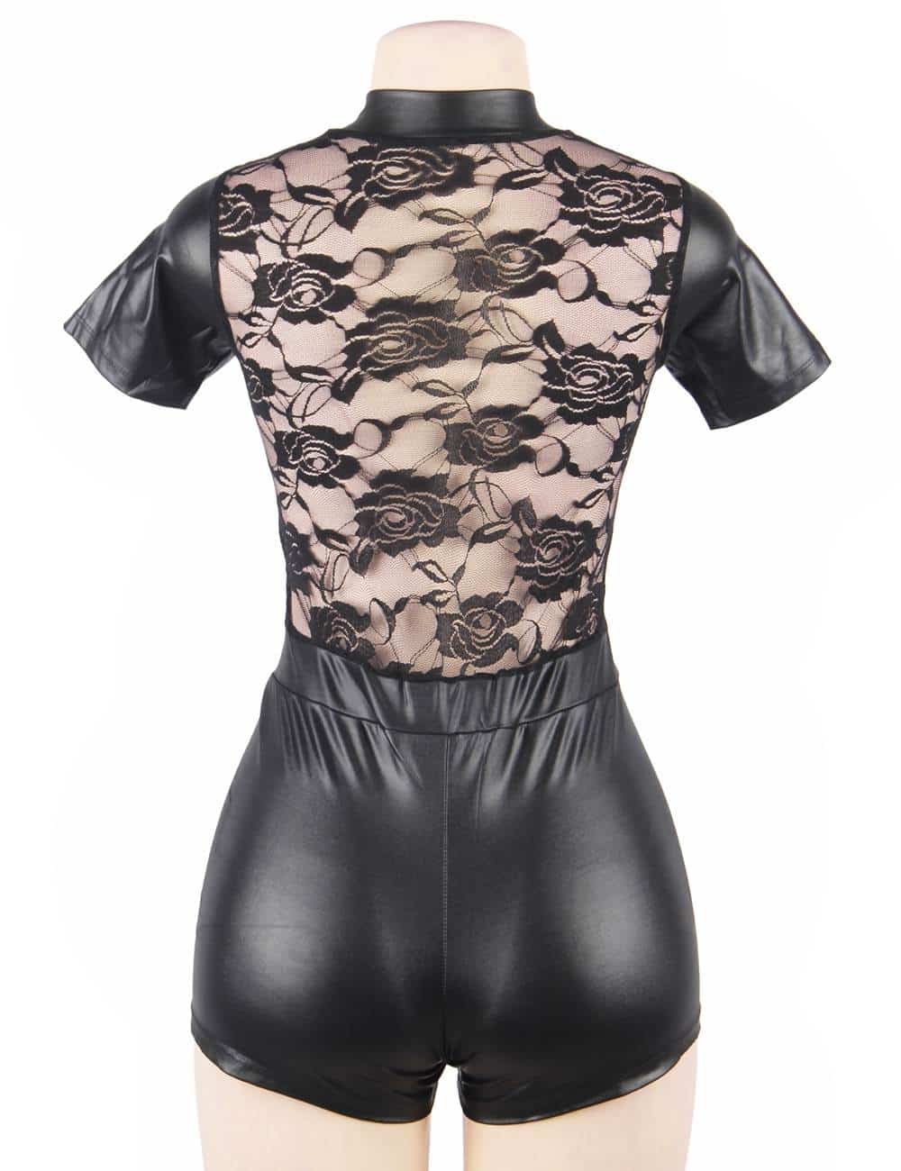 Plus Size Short Sleeve Wet Look And Lace Bodysuit - Image 5