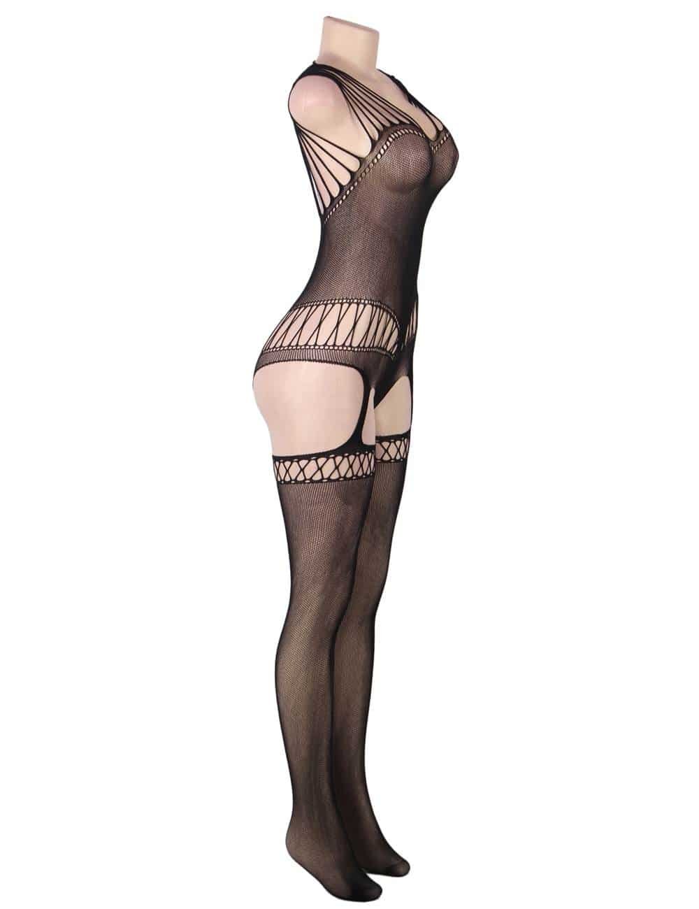 Strappy Shoulders Motif Mesh Black Bodystockings - Image 6