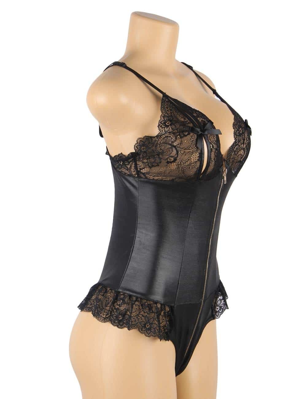 Plus Size Sexy Lace Leather Stitching Zipper Teddy Clubwear - Image 7