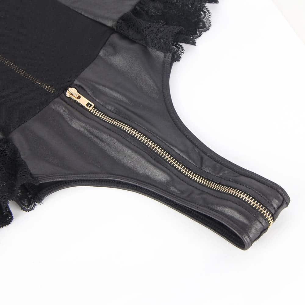 Plus Size Sexy Lace Leather Stitching Zipper Teddy Clubwear - Image 12