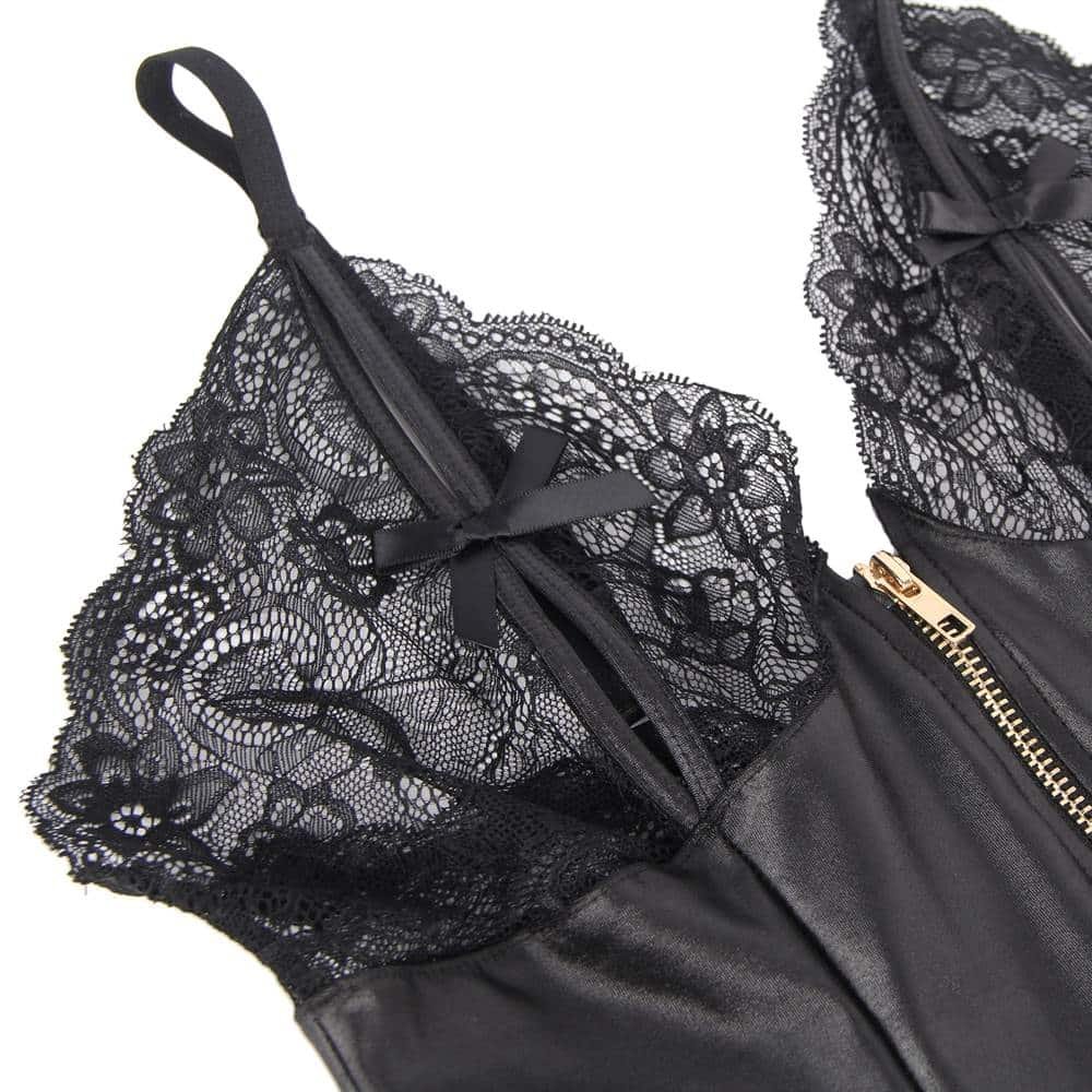 Plus Size Sexy Lace Leather Stitching Zipper Teddy Clubwear - Image 10