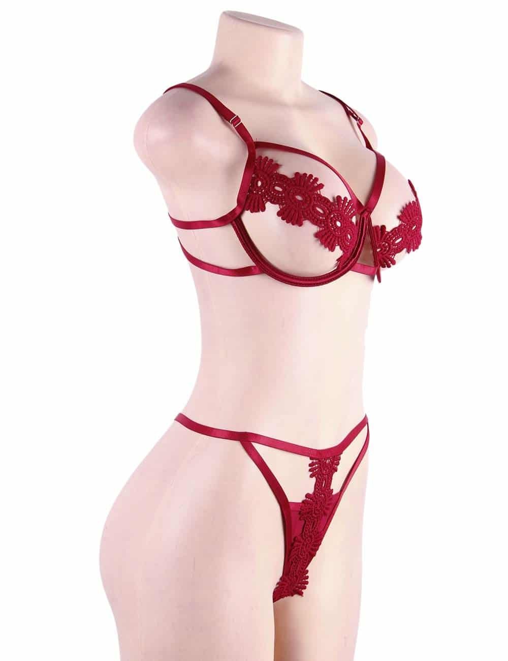 Red Delicate Flowers Lace Hollow Out Bra Set With Underwire - Image 7
