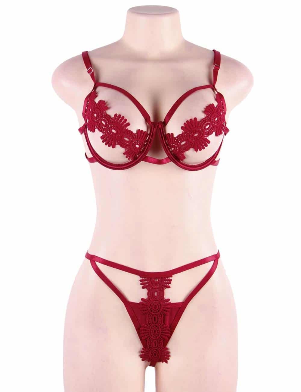 Red Delicate Flowers Lace Hollow Out Bra Set With Underwire - Image 6