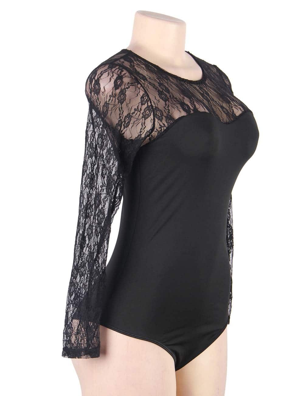 Long Sleeve Black Plus Size Openable Crotch Mesh Bodysuit - Image 4