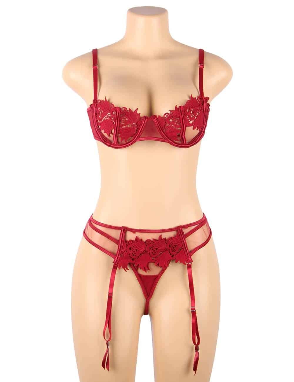Sexy 3pcs Red Elegant Embroidery Applique Lace Bra Panty Set With Underwire - Image 7
