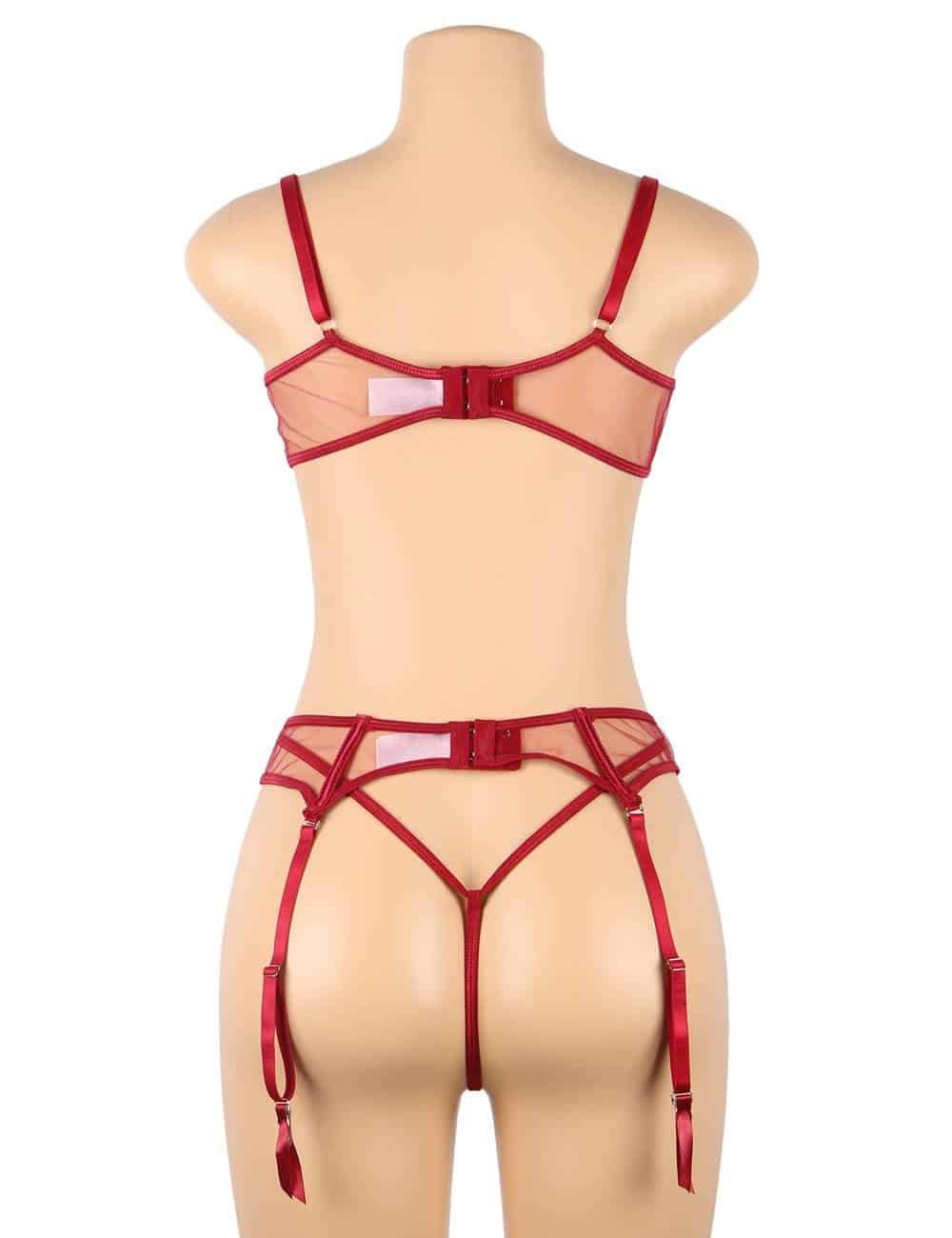 Sexy 3pcs Red Elegant Embroidery Applique Lace Bra Panty Set With Underwire - Image 9