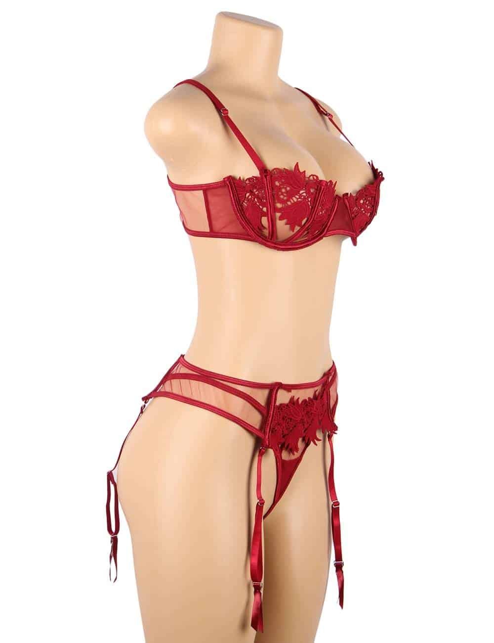 Sexy 3pcs Red Elegant Embroidery Applique Lace Bra Panty Set With Underwire - Image 8
