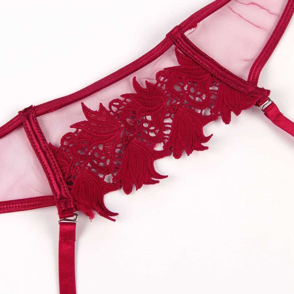 Sexy 3pcs Red Elegant Embroidery Applique Lace Bra Panty Set With Underwire - Image 12
