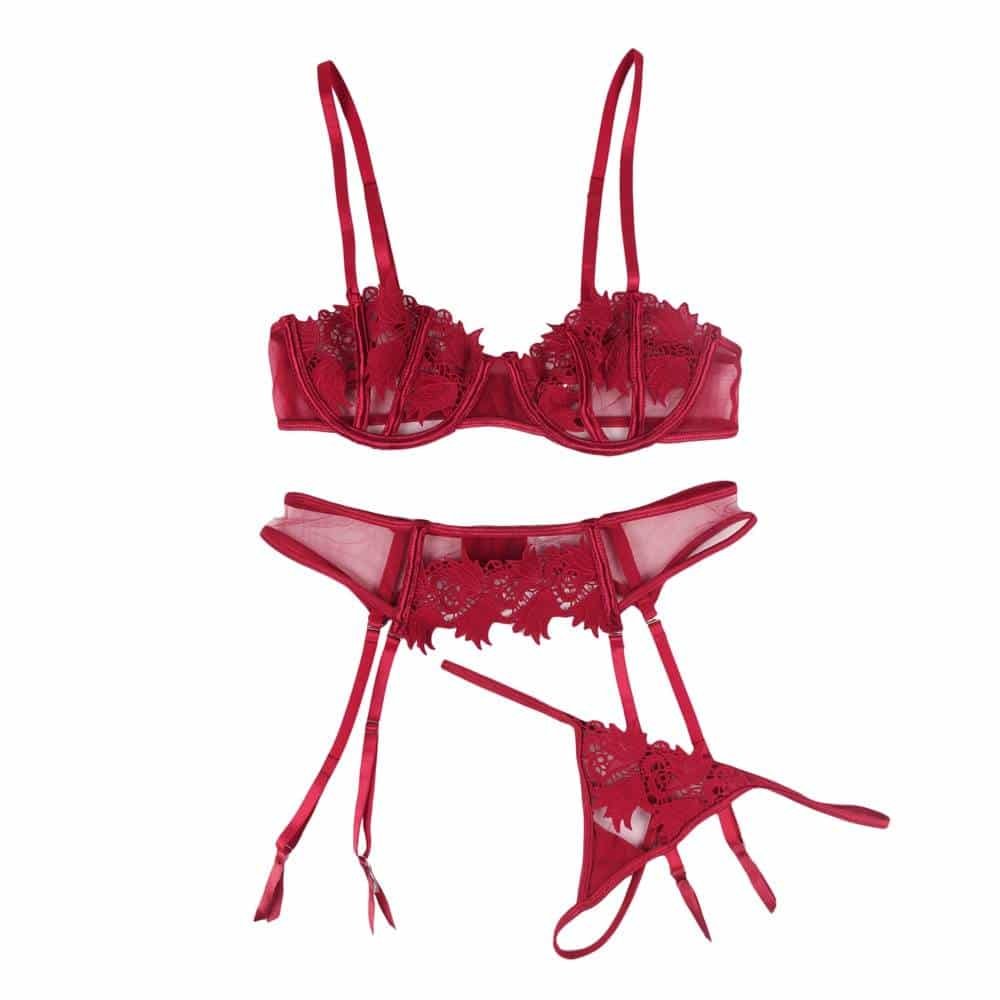 Sexy 3pcs Red Elegant Embroidery Applique Lace Bra Panty Set With Underwire - Image 10