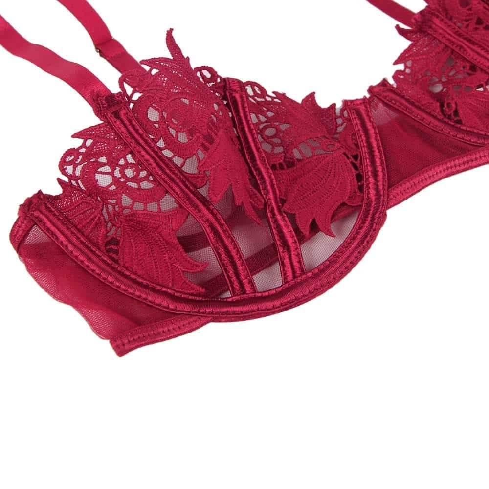 Sexy 3pcs Red Elegant Embroidery Applique Lace Bra Panty Set With Underwire - Image 15