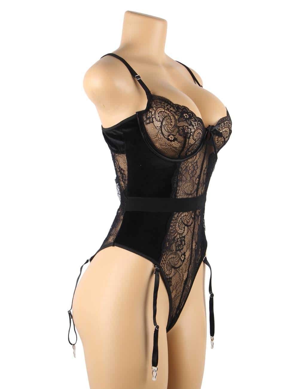 Garter bodysuit With Underwire Sexy Lace Velour Plus Size Lingerie - Image 7
