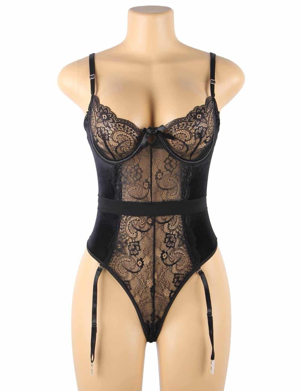 Garter bodysuit With Underwire Sexy Lace Velour Plus Size Lingerie - Image 6