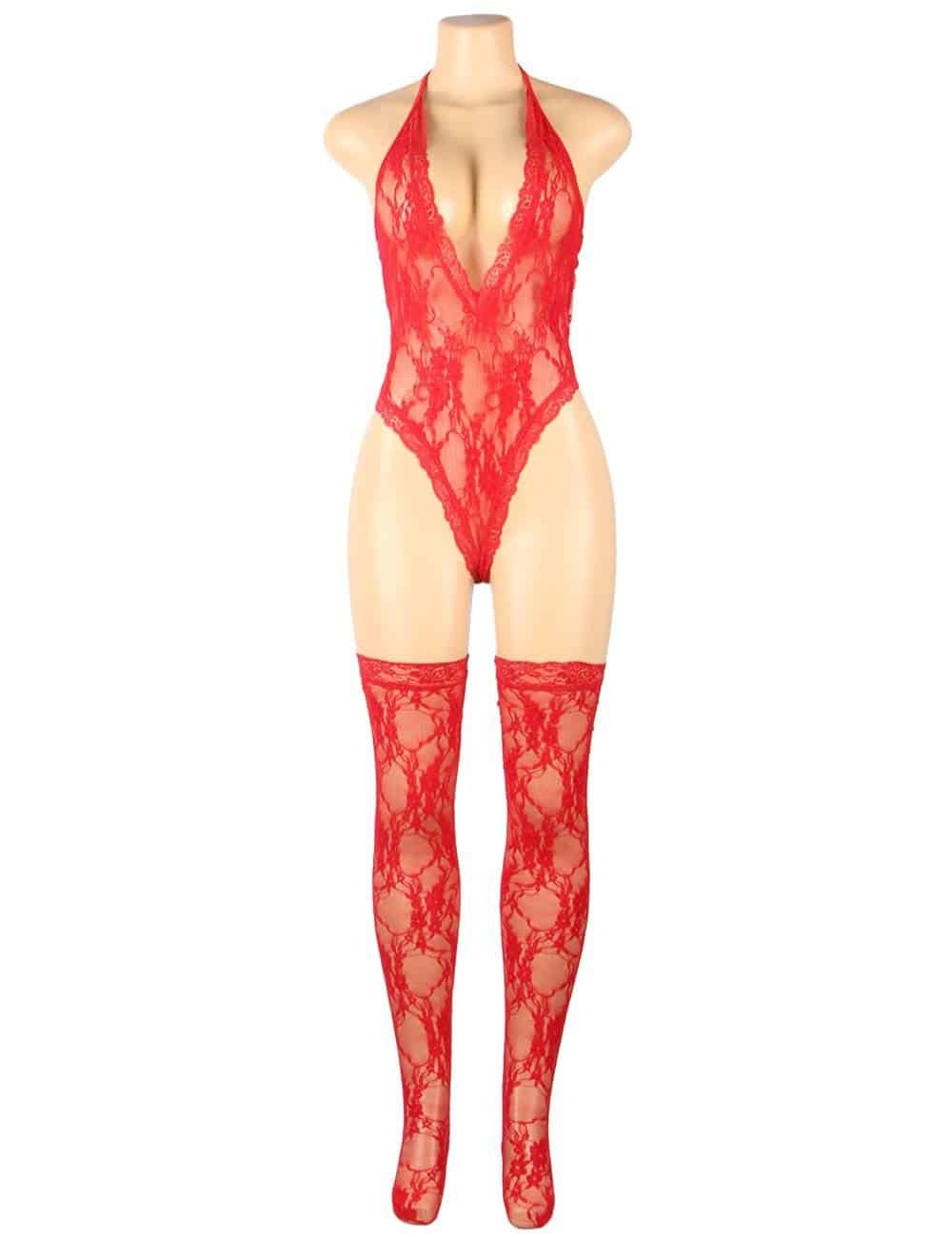 Plus Size Teddy Sexy Halter V Neckline Lace Lingerie with the Stocking - Image 5