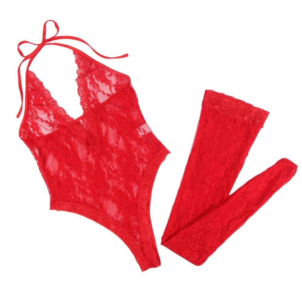 Plus Size Teddy Sexy Halter V Neckline Lace Lingerie with the Stocking - Image 8