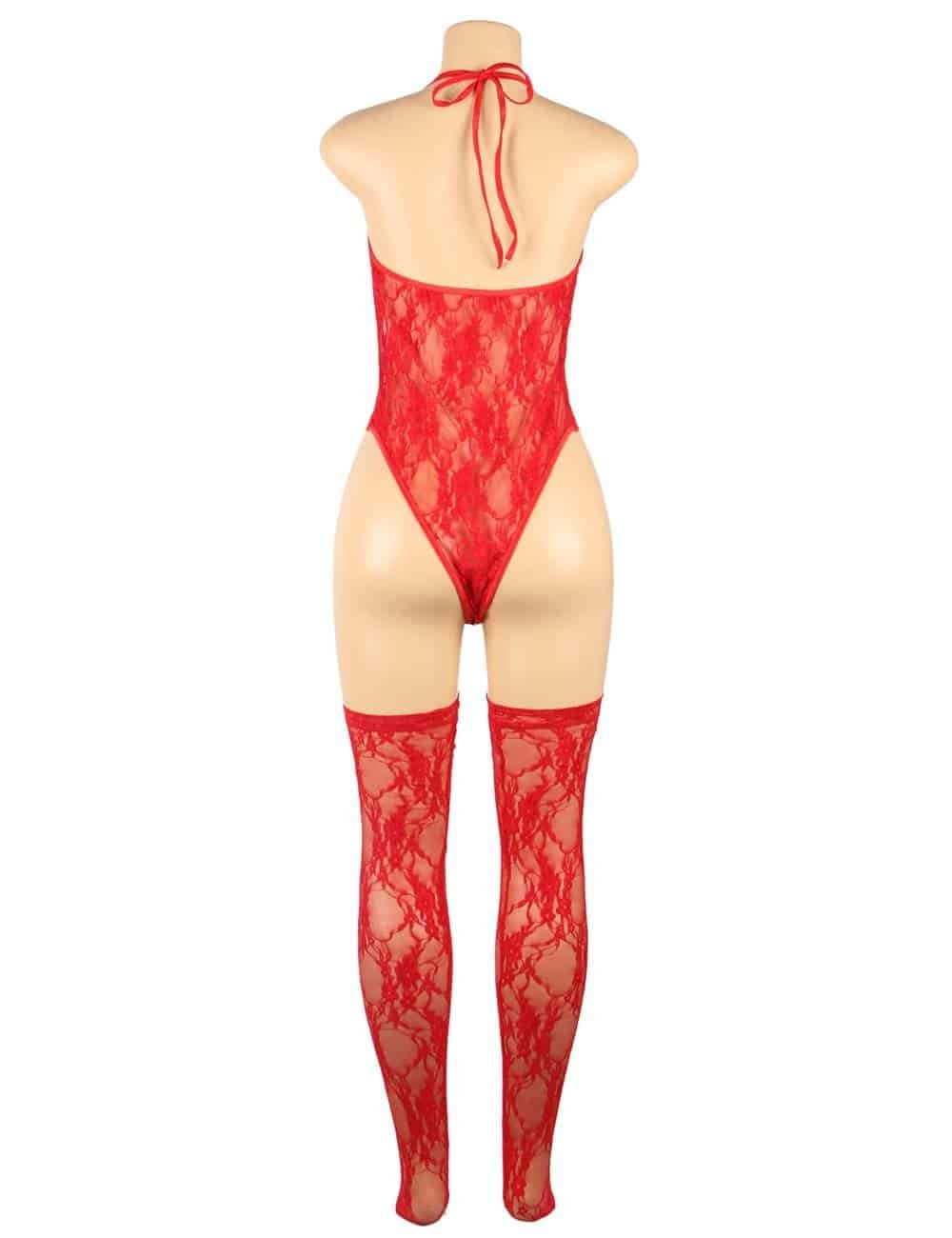 Plus Size Teddy Sexy Halter V Neckline Lace Lingerie with the Stocking - Image 7