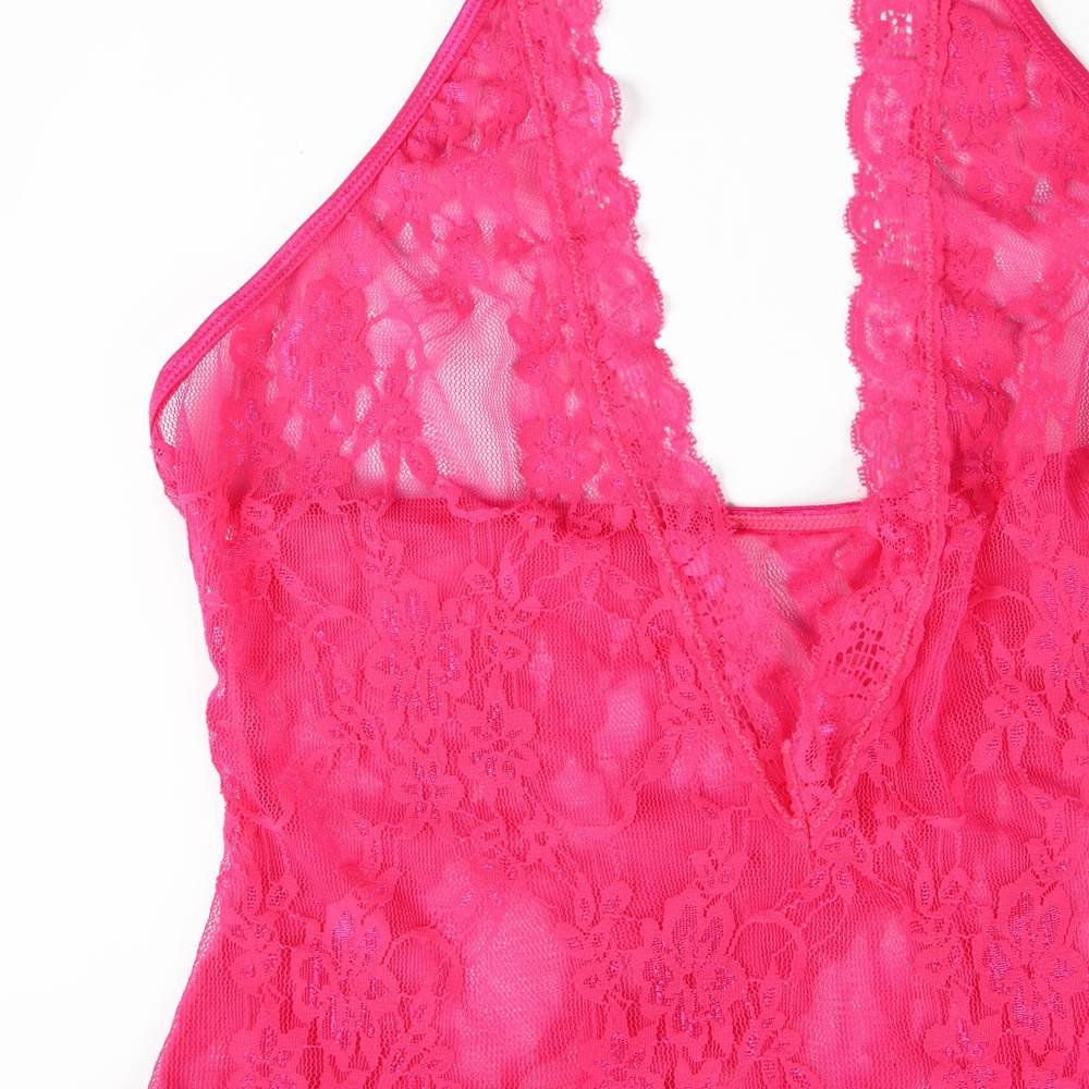 Lace Teddy with the Stocking Pink Sexy Halter V Neckline Lingerie - Image 10