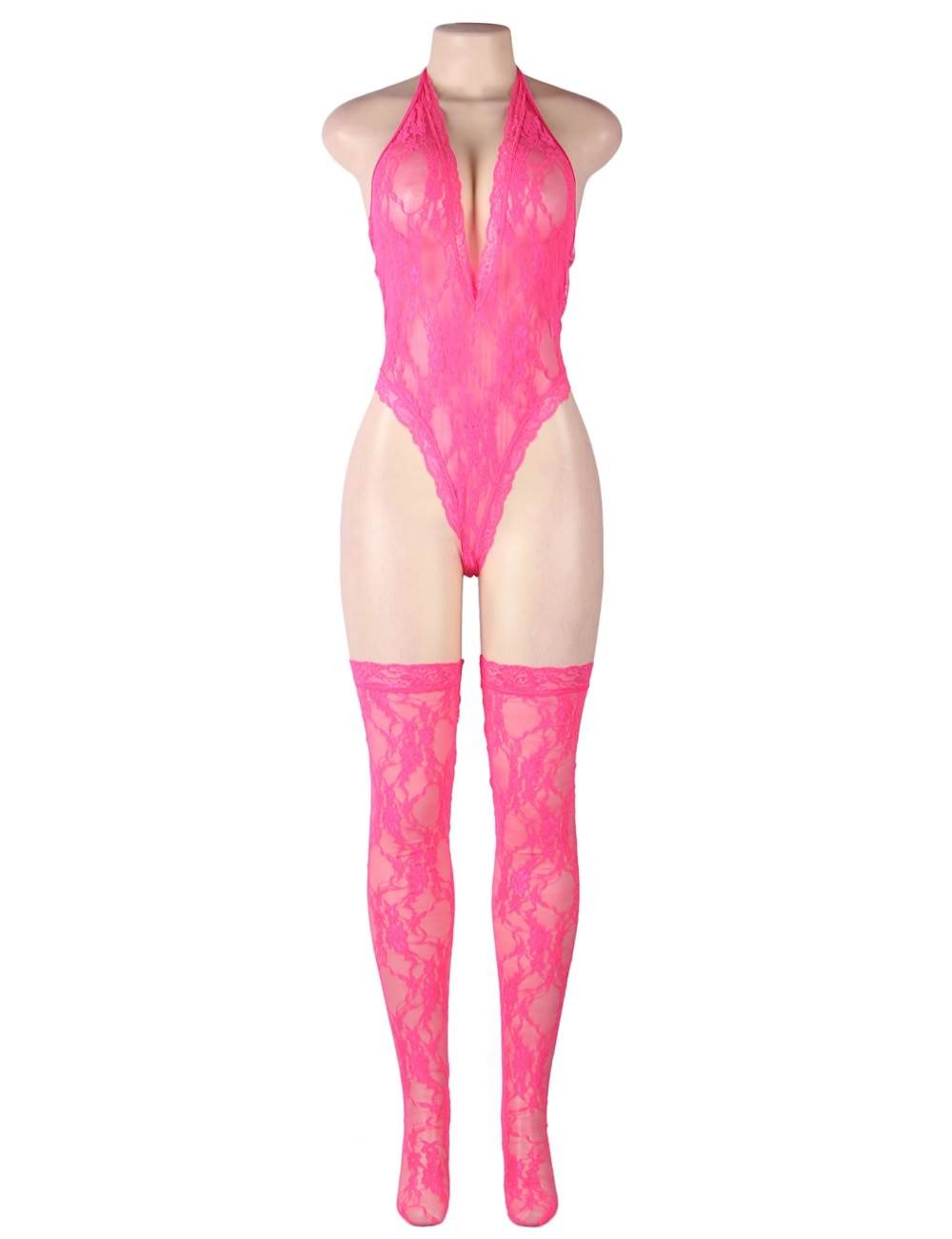 Lace Teddy with the Stocking Pink Sexy Halter V Neckline Lingerie - Image 6