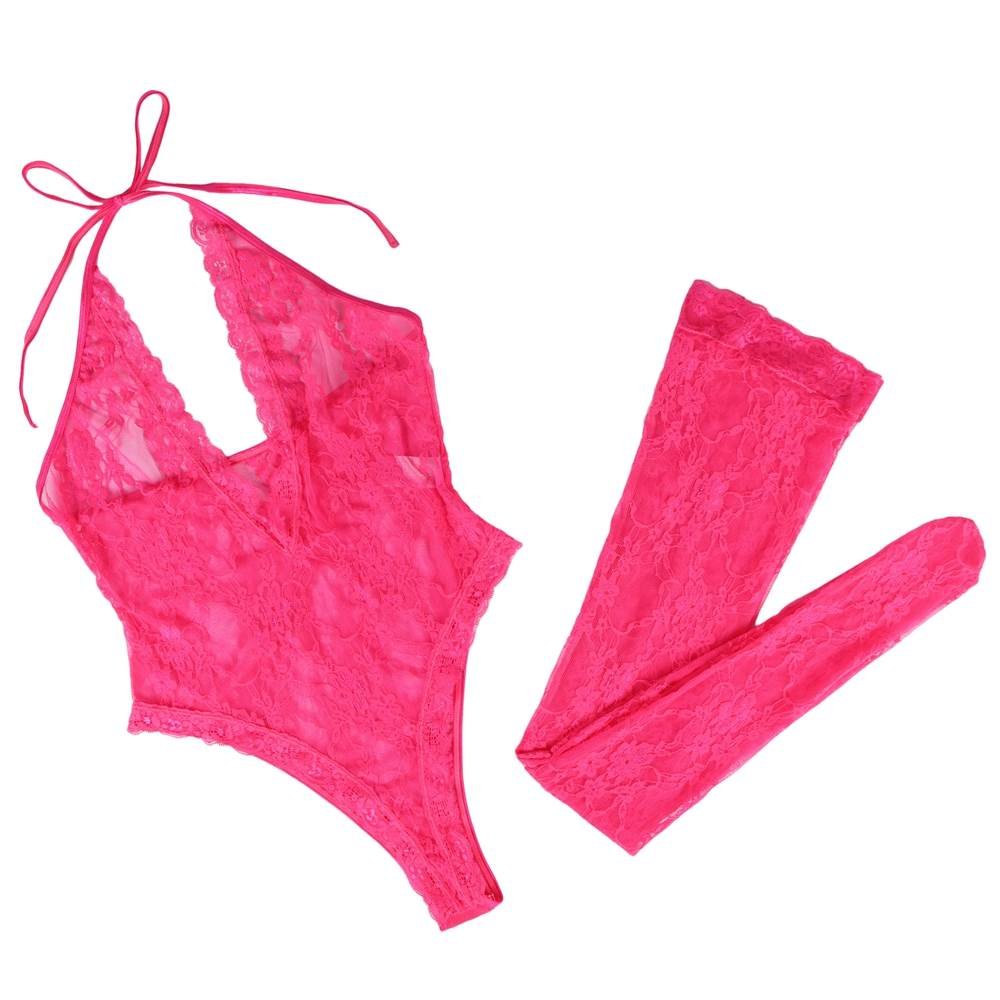 Lace Teddy with the Stocking Pink Sexy Halter V Neckline Lingerie - Image 9