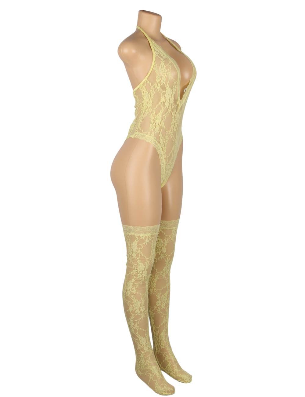 Sexy Yellow Halter V Neckline Lace Teddy with the Stocking - Image 8