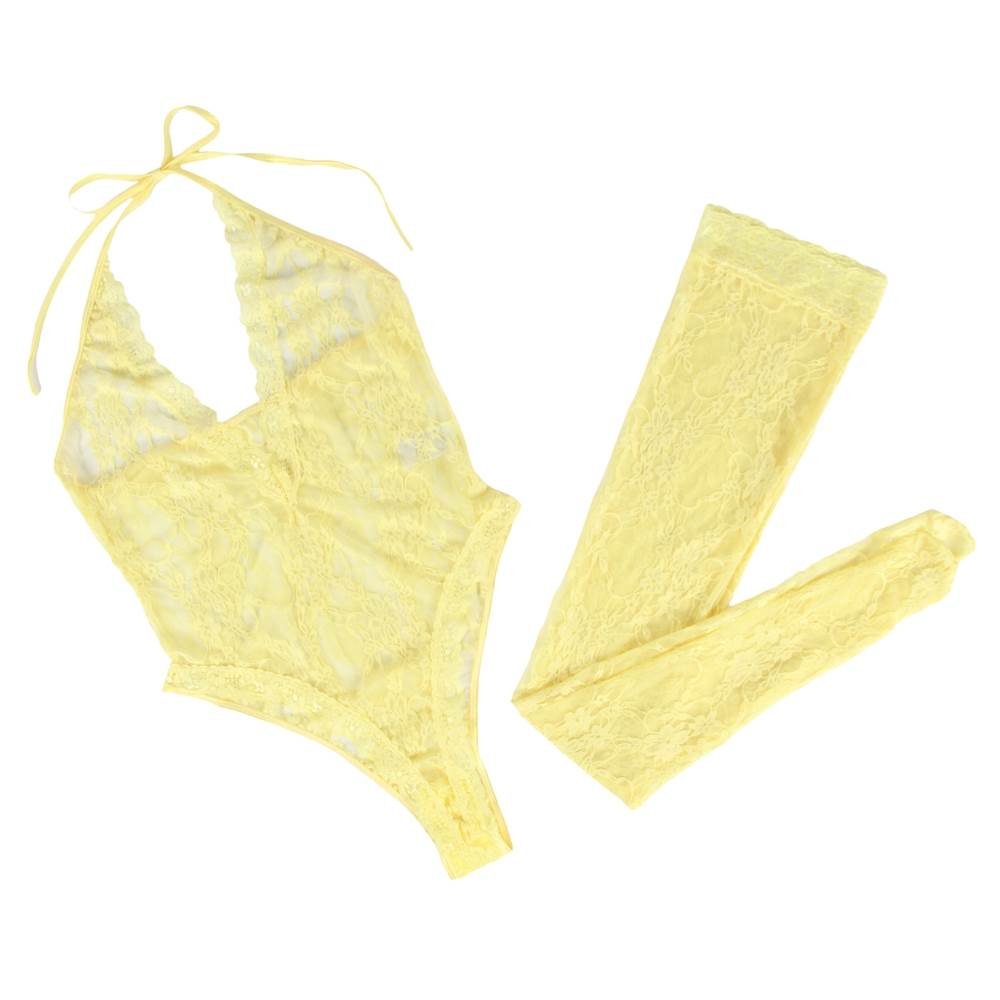 Sexy Yellow Halter V Neckline Lace Teddy with the Stocking - Image 10