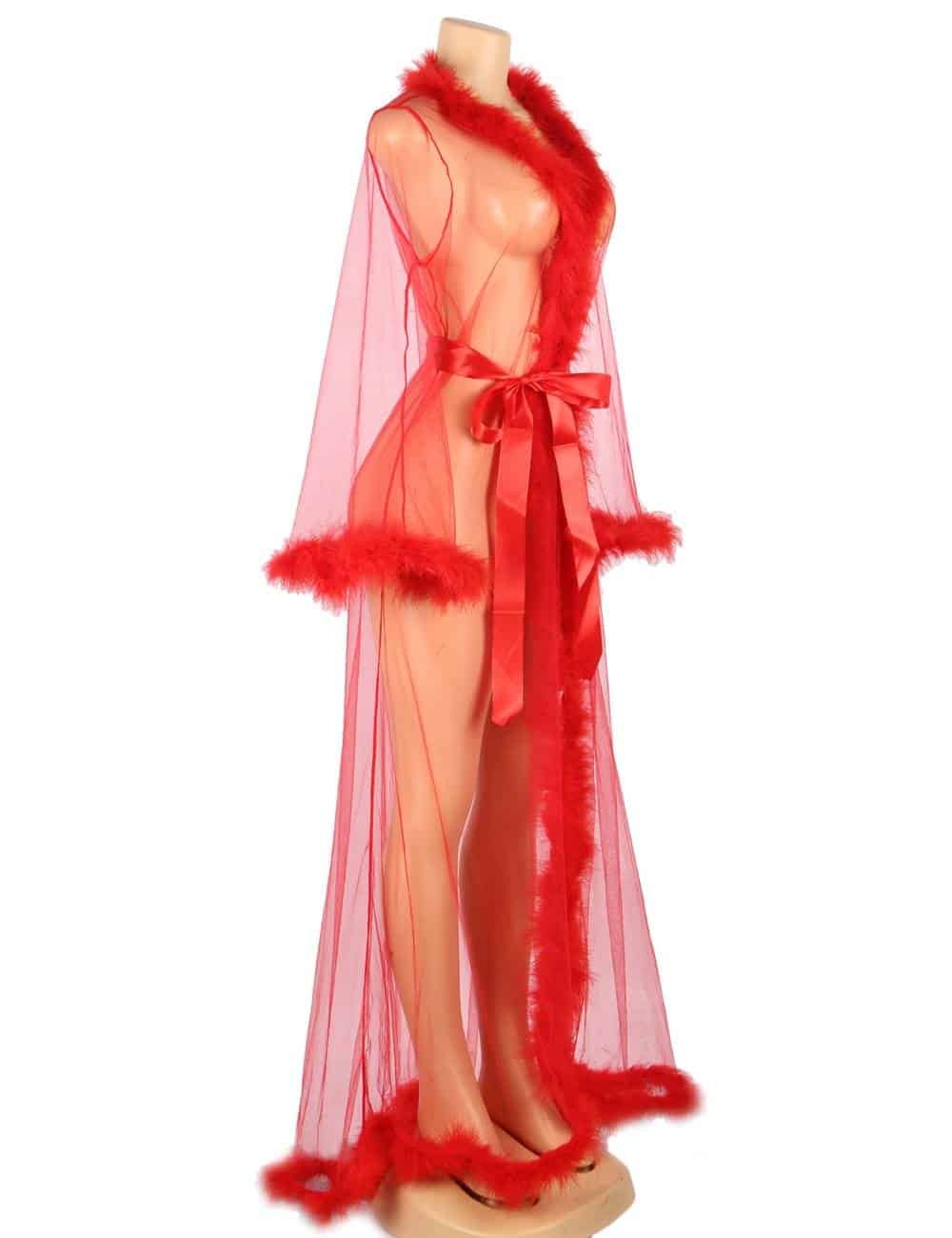Sexy Red Nightdress With Belt Plush Edging Mesh Plus Size Robe - Image 5