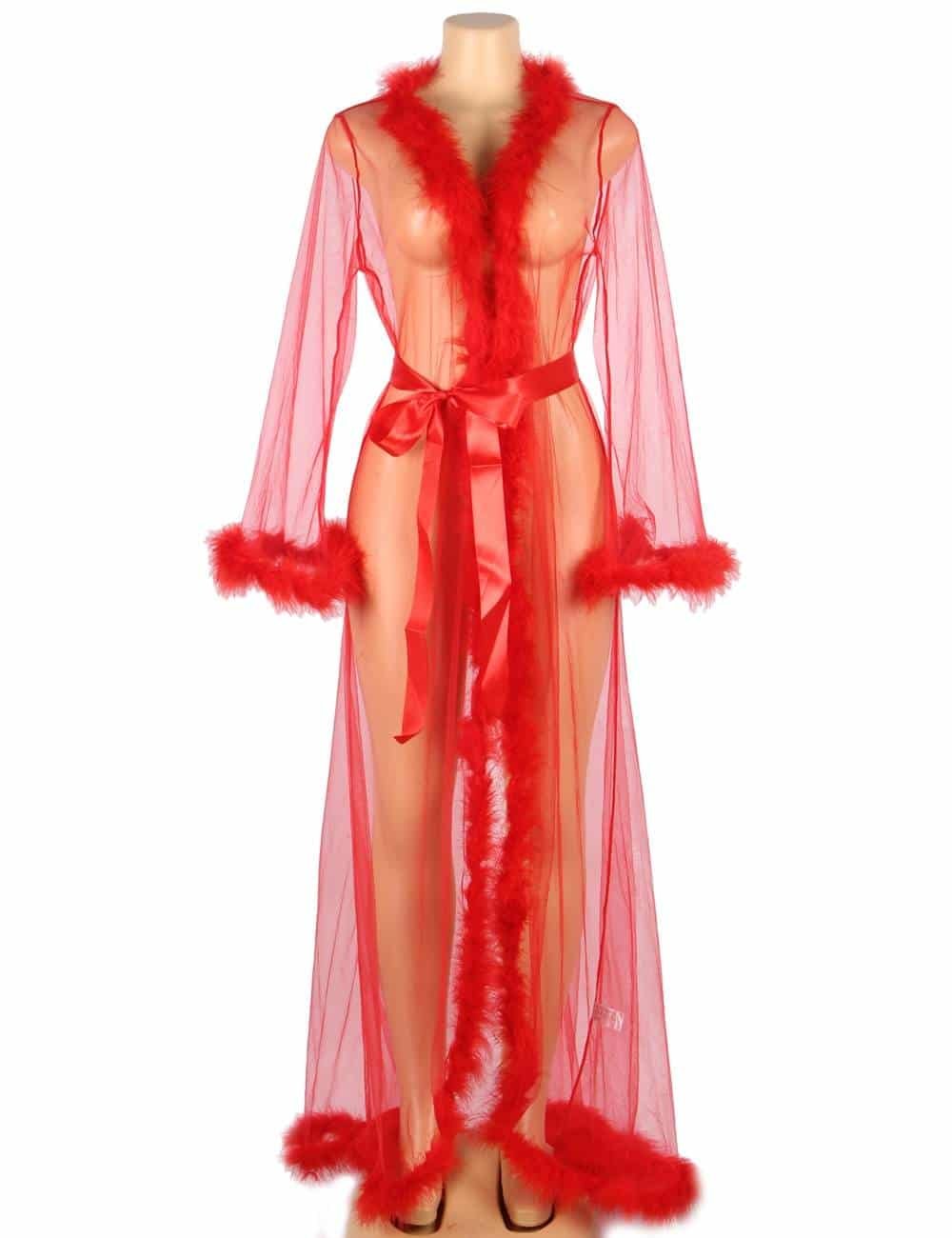 Sexy Red Nightdress With Belt Plush Edging Mesh Plus Size Robe - Image 4
