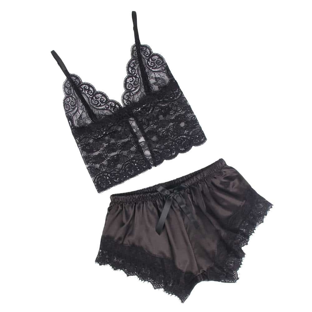 Casual Lace Silk Camisole Black Sleepwear Set - Image 7