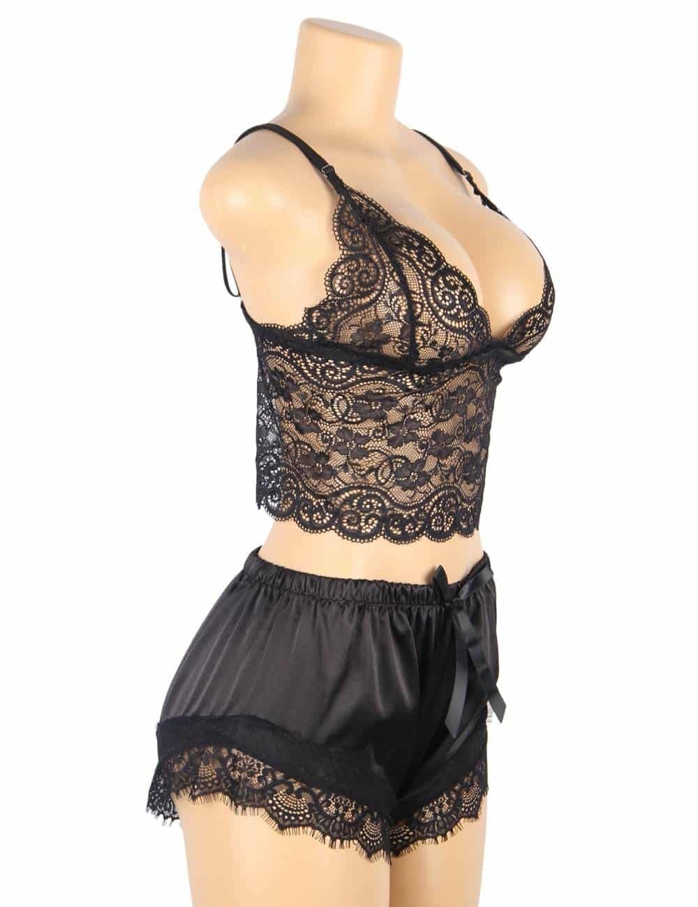 Casual Lace Silk Camisole Black Sleepwear Set - Image 5