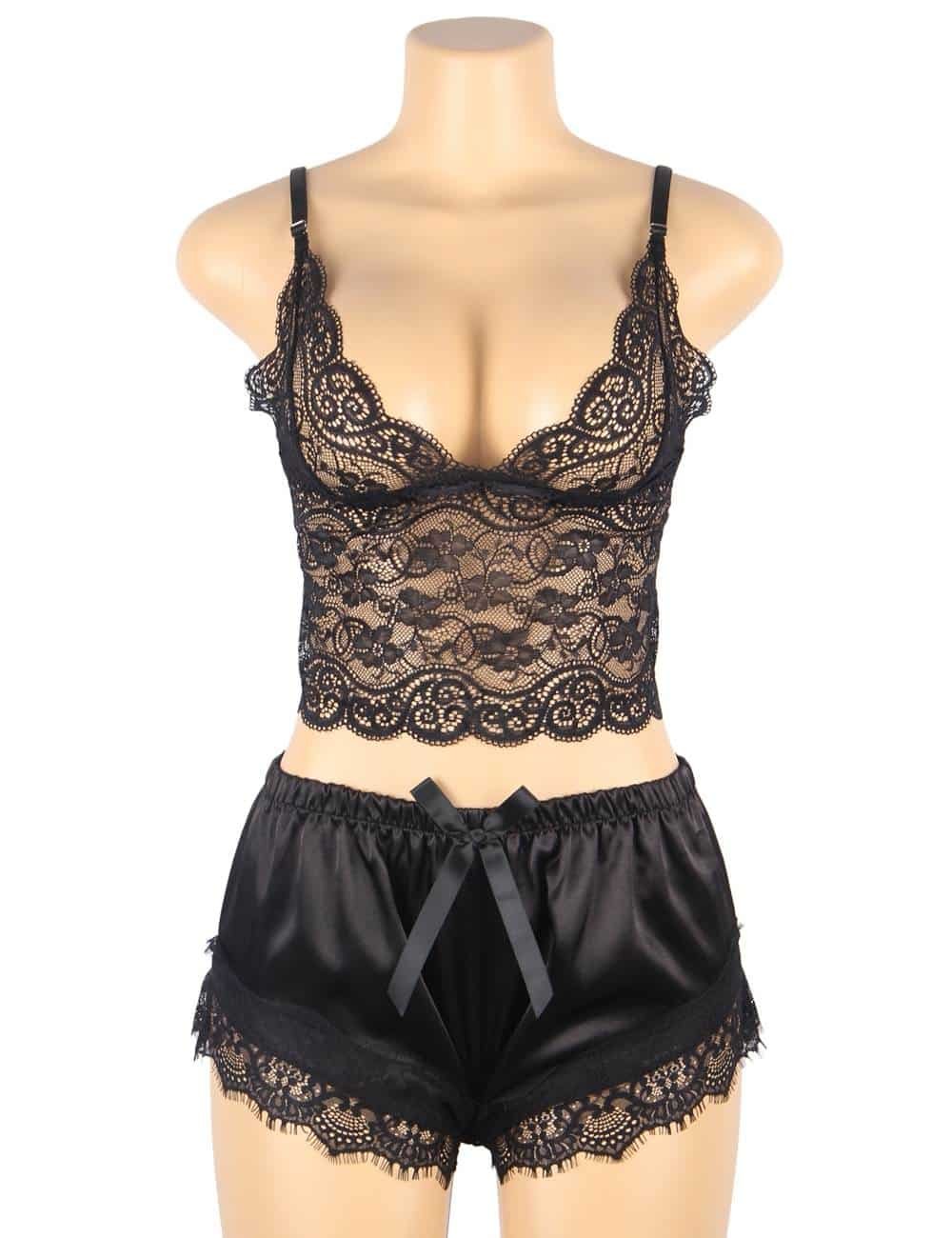 Casual Lace Silk Camisole Black Sleepwear Set - Image 4