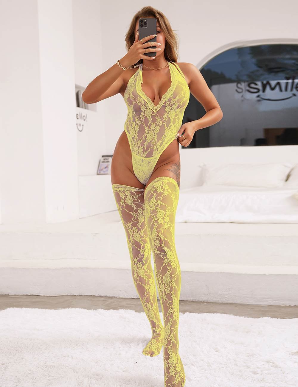 Sexy Yellow Halter V Neckline Lace Teddy with the Stocking - Image 4