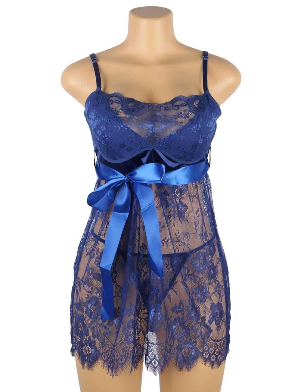 Sexy Eyelash Blue Lace Chest Pad Plus Size Sleepwear With Thong - Image 6