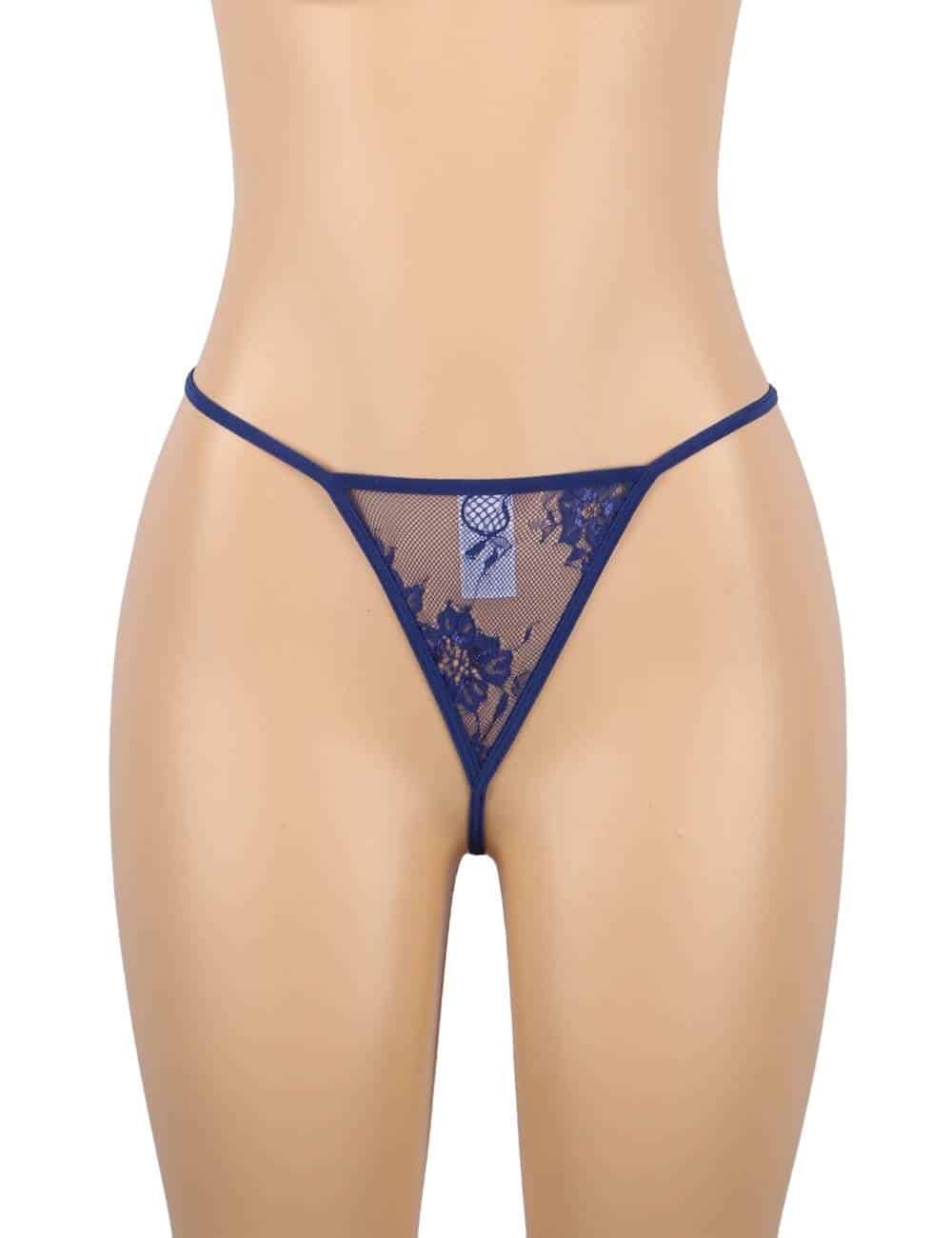 Sexy Eyelash Blue Lace Chest Pad Plus Size Sleepwear With Thong - Image 9
