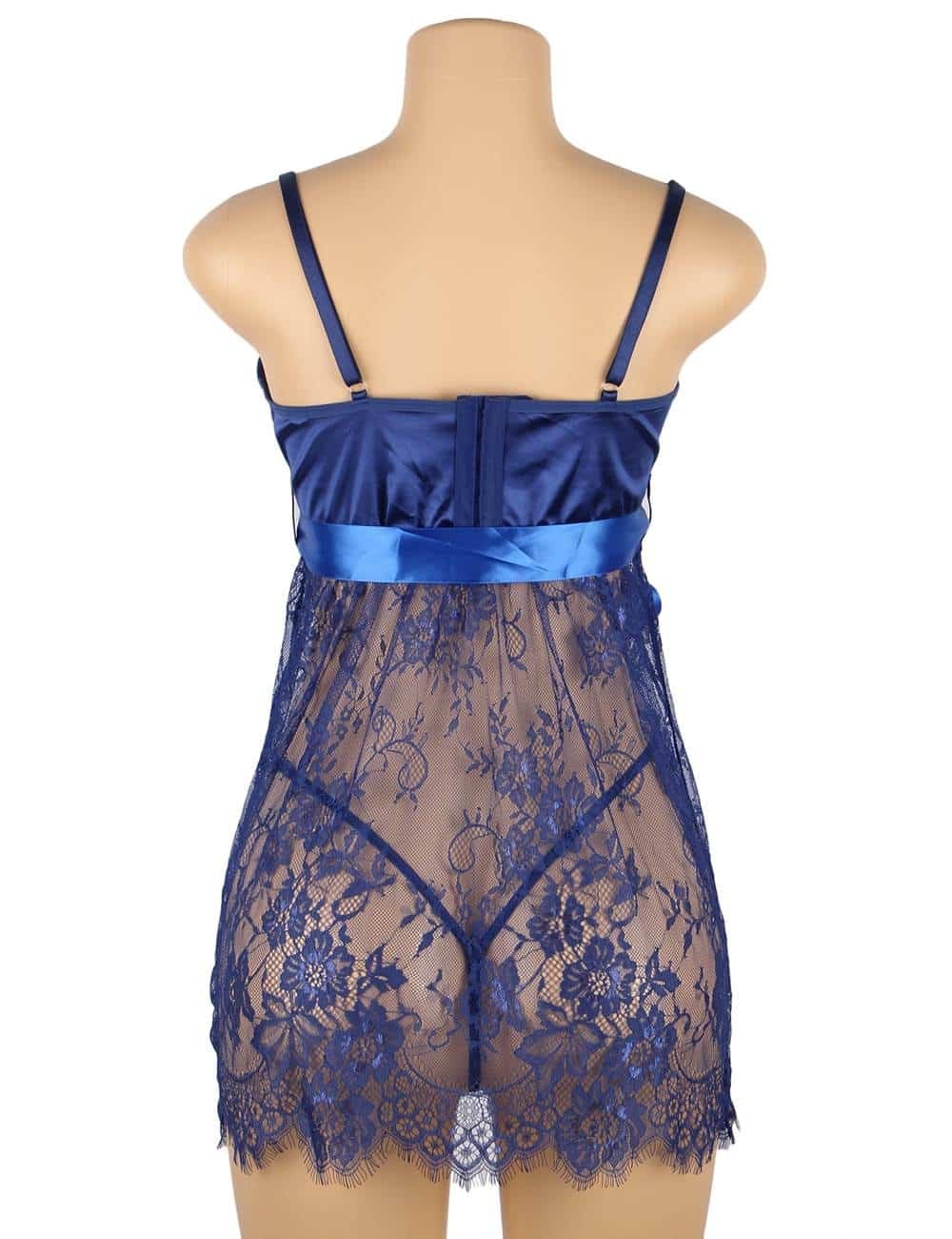 Sexy Eyelash Blue Lace Chest Pad Plus Size Sleepwear With Thong - Image 8