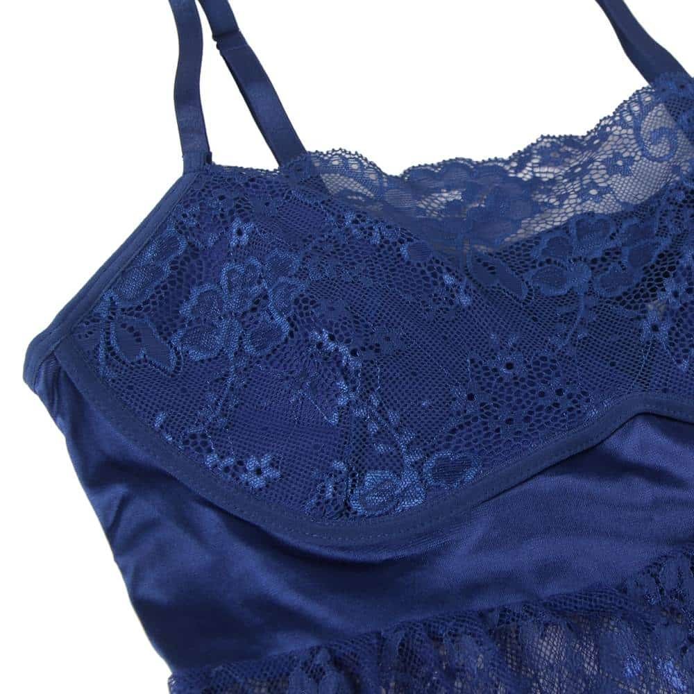 Sexy Eyelash Blue Lace Chest Pad Plus Size Sleepwear With Thong - Image 10