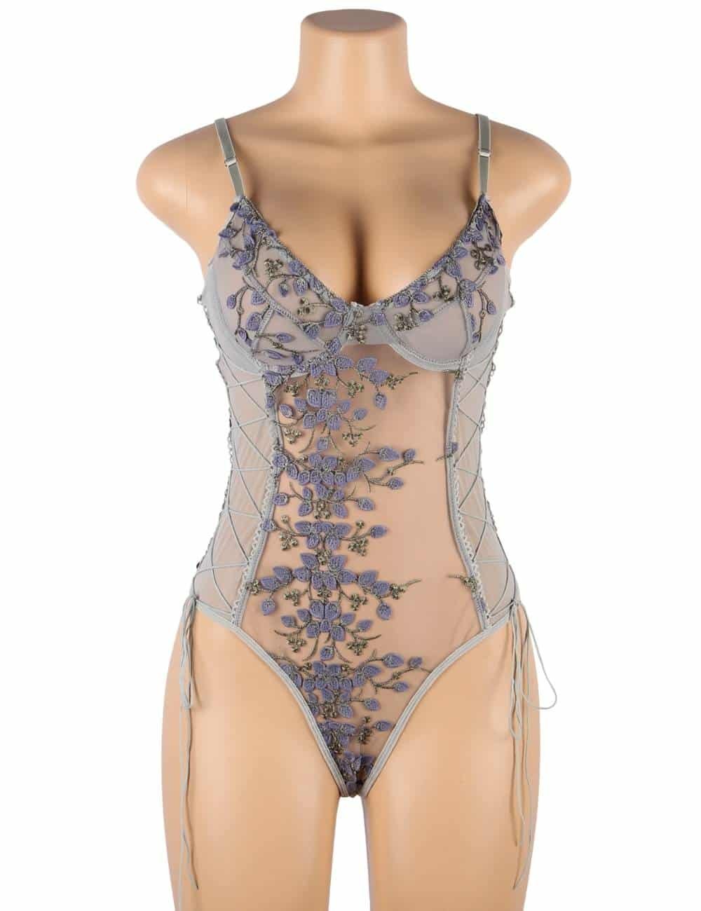 Plus Size Grey Bodysuit With Underwire Fashion Embroidery Mesh Lingerie - Image 5