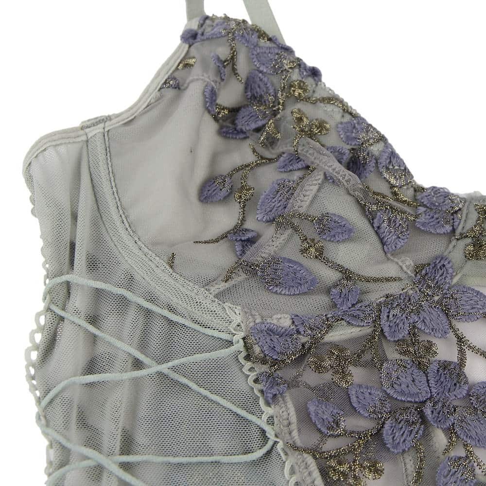 Plus Size Grey Bodysuit With Underwire Fashion Embroidery Mesh Lingerie - Image 10
