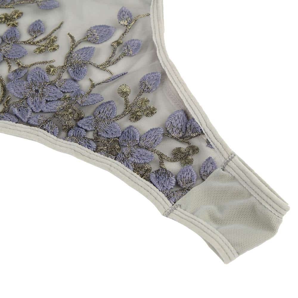 Plus Size Grey Bodysuit With Underwire Fashion Embroidery Mesh Lingerie - Image 9