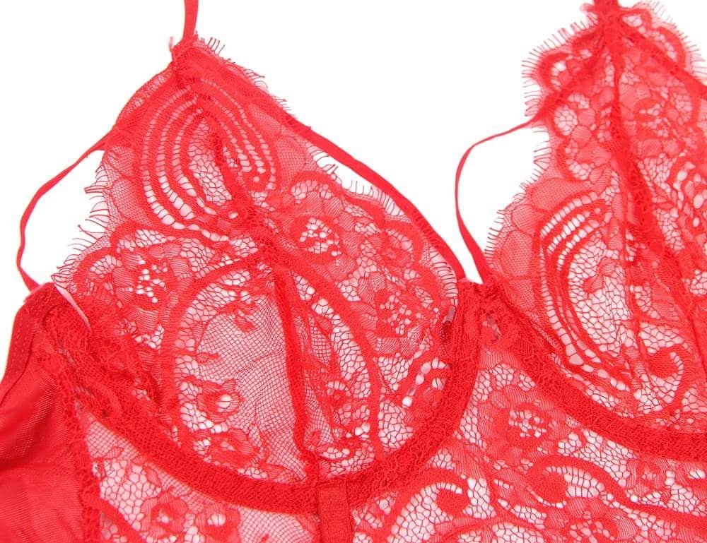 Plus Size Red Lace Open Bust Bra And Garter Panty Set With Steel Ring - Image 9