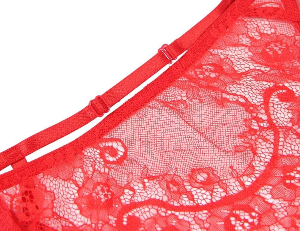 Plus Size Red Lace Open Bust Bra And Garter Panty Set With Steel Ring - Image 12